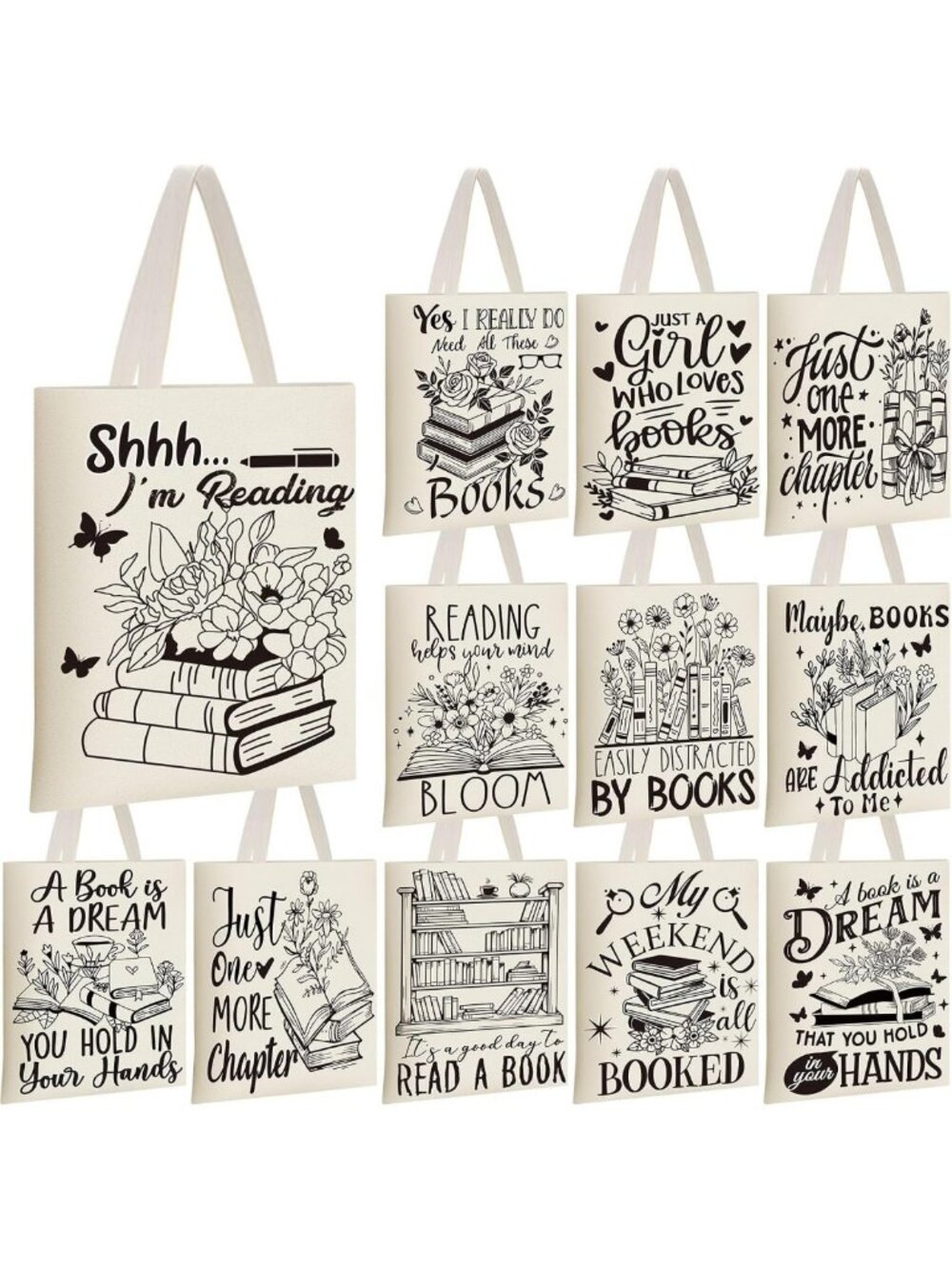 Reusable Canvas Tote Bags - 12 Pcs Bookish Lovers Club, Black & White, Zipper